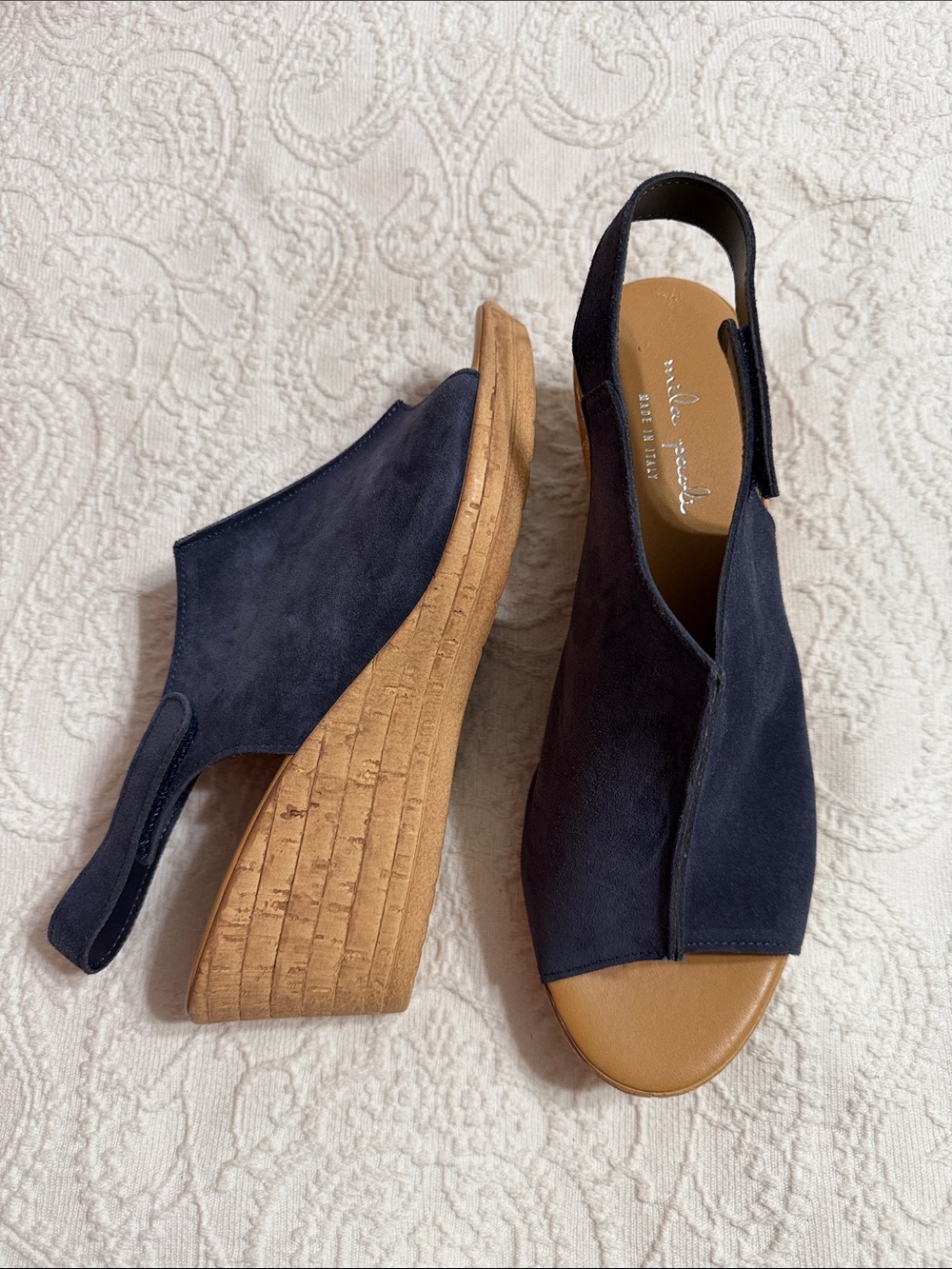 Mila Paoli Navy Suede Wedge Slingback Sandals Size 8